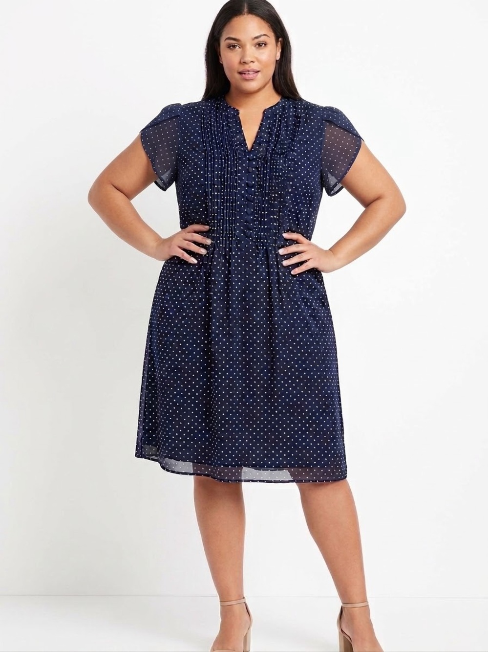 Dress Barn Navy Midi Dress with White Polka Dots